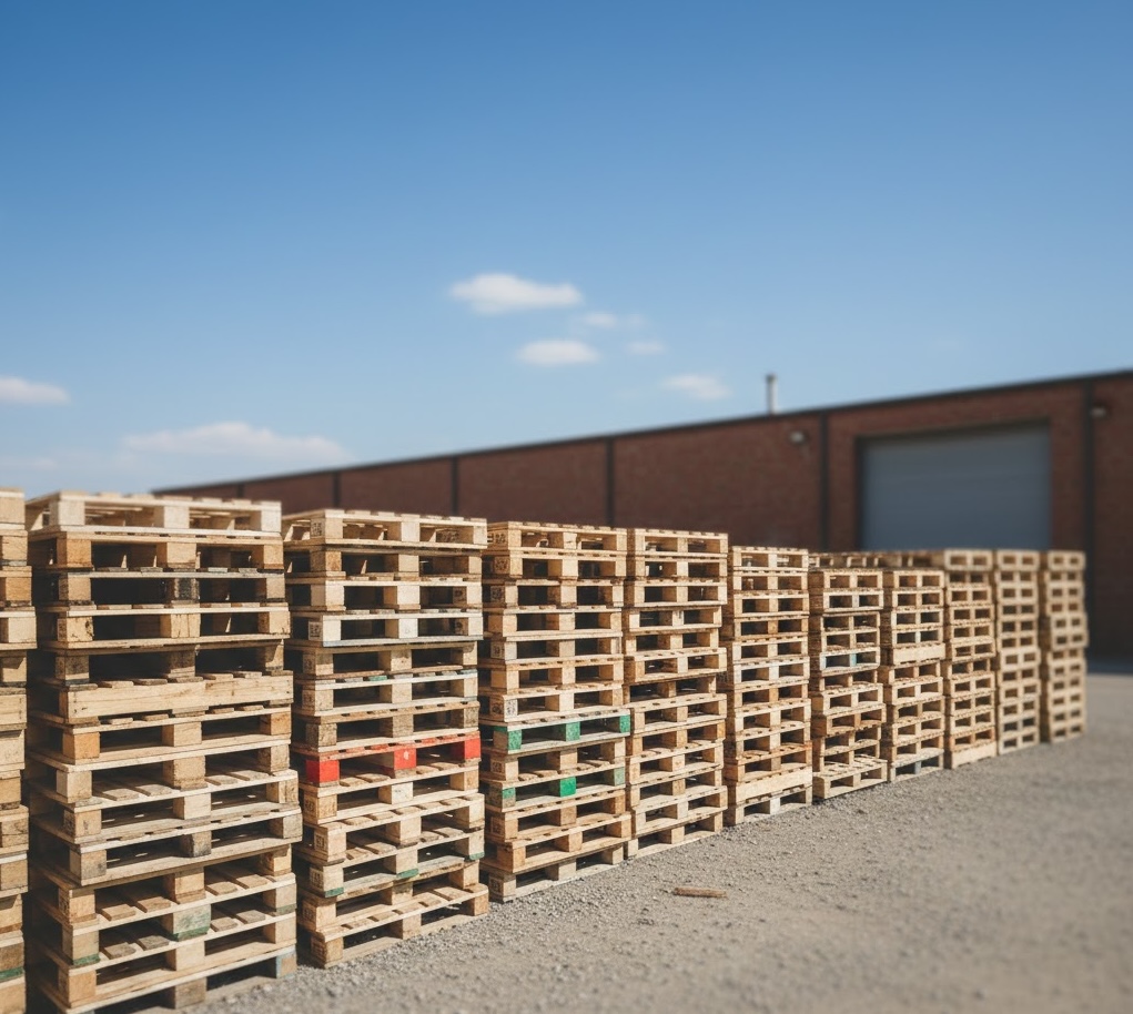 Stacked pallets against brick building